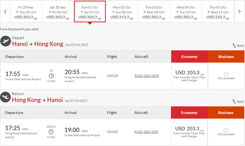 Bảng giá Vé máy bay đi Hong Kong từ Hà Nội 